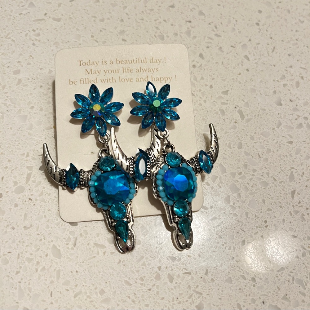 Faux Turquoise Floral Bull‎ Skull Earrings western gothic